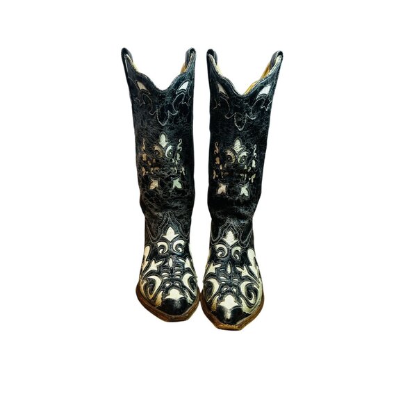 Corral Vintage Ladies Cowboy boots, size 8, black with cream lizard inlay, made - Picture 2 of 16